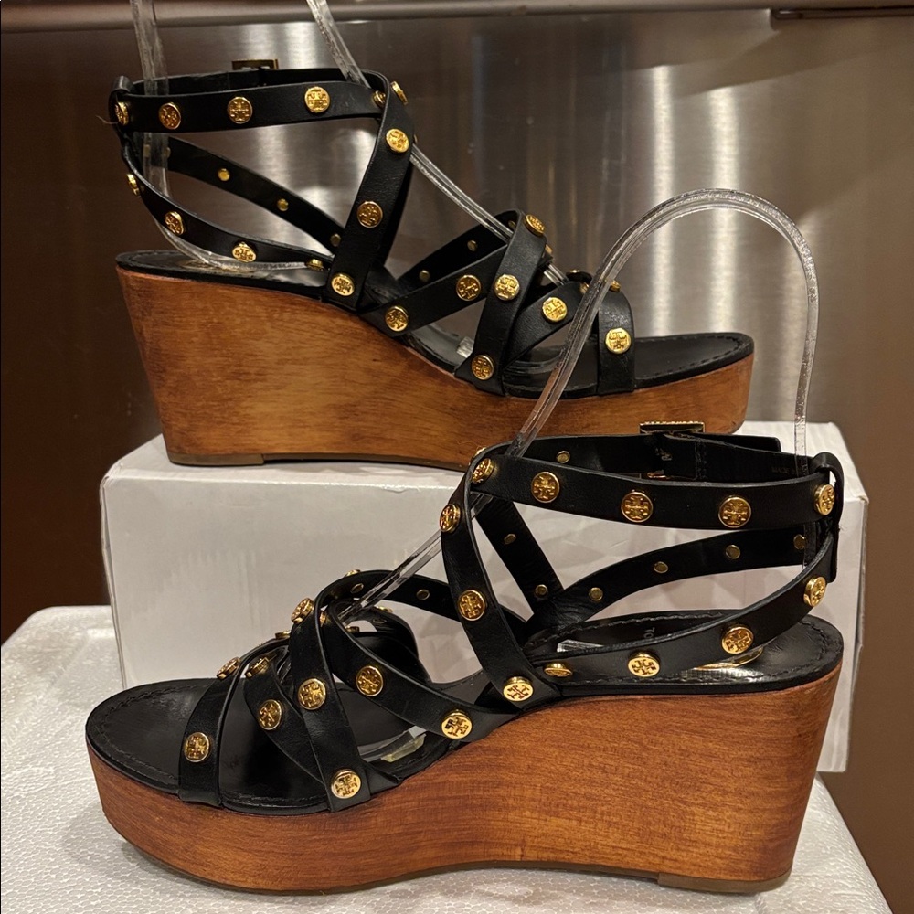 Tory Burch Women's Black Leather Studded Wedge Sandals - Picture 6 of 12